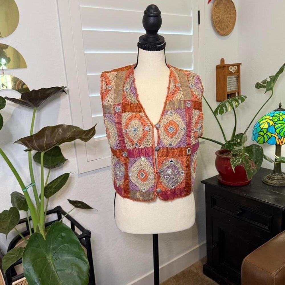 Vintage Sandy Starkman Boho Patchwork Crochet Mirror Embellished Vest Medium